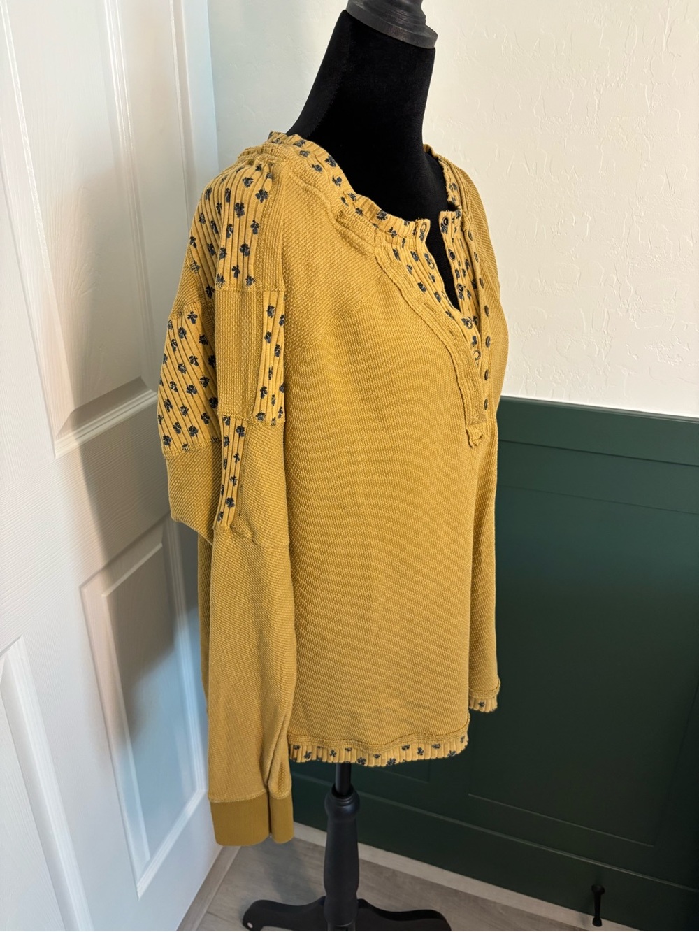 Free People Mustard Thermal Henley Top Floral Trim Oversized XL